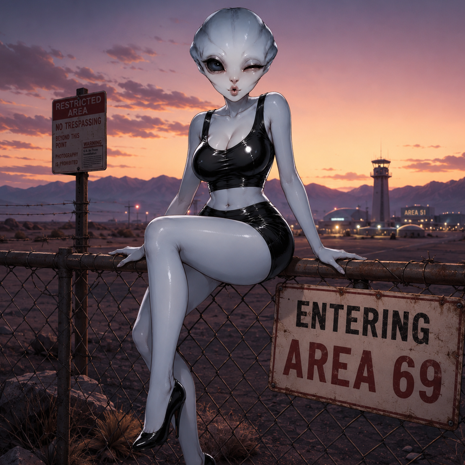 Alien on fence sunset